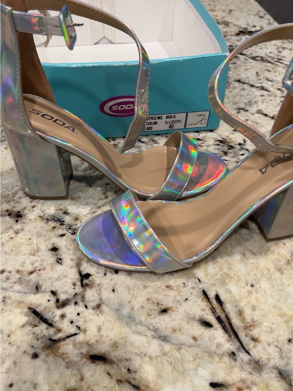 Soda Holographic Iridescent Block Heel Sandals